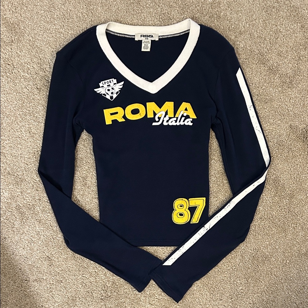 RSQ Navy Long Sleeve V-Neck Top with Yellow Roma Graphic